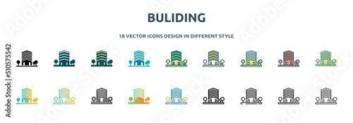 buliding icon in 18 different styles such as thin line, thick line, two color, glyph, colorful, lineal color, detailed, stroke and gradient. set of buliding vector for web, mobile, ui photo