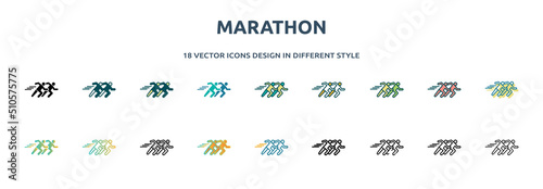 marathon icon in 18 different styles such as thin line, thick line, two color, glyph, colorful, lineal color, detailed, stroke and gradient. set of marathon vector for web, mobile, ui