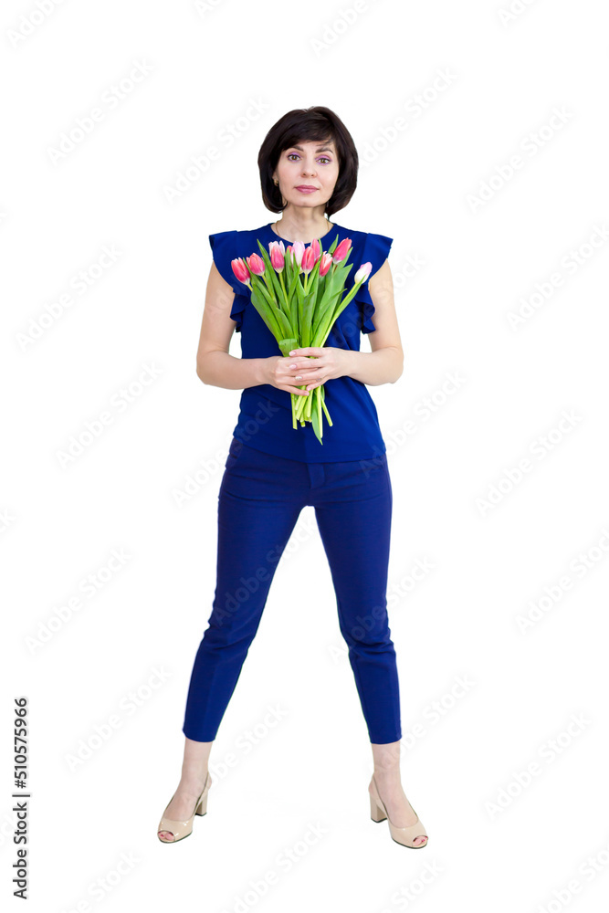 Beautiful woman with a bouquet of flowers on a white background, isolated. Beautiful woman with a bouquet of flowers on a white background, isolated.