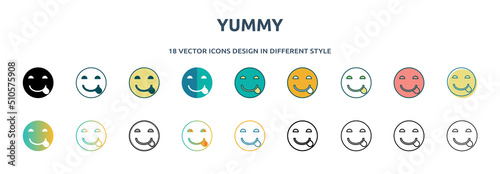 yummy icon in 18 different styles such as thin line, thick line, two color, glyph, colorful, lineal color, detailed, stroke and gradient. set of yummy vector for web, mobile, ui