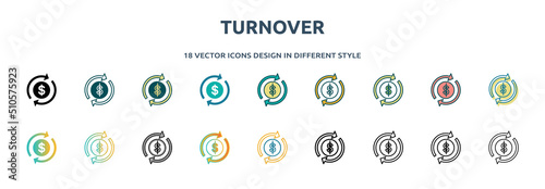 turnover icon in 18 different styles such as thin line, thick line, two color, glyph, colorful, lineal color, detailed, stroke and gradient. set of turnover vector for web, mobile, ui
