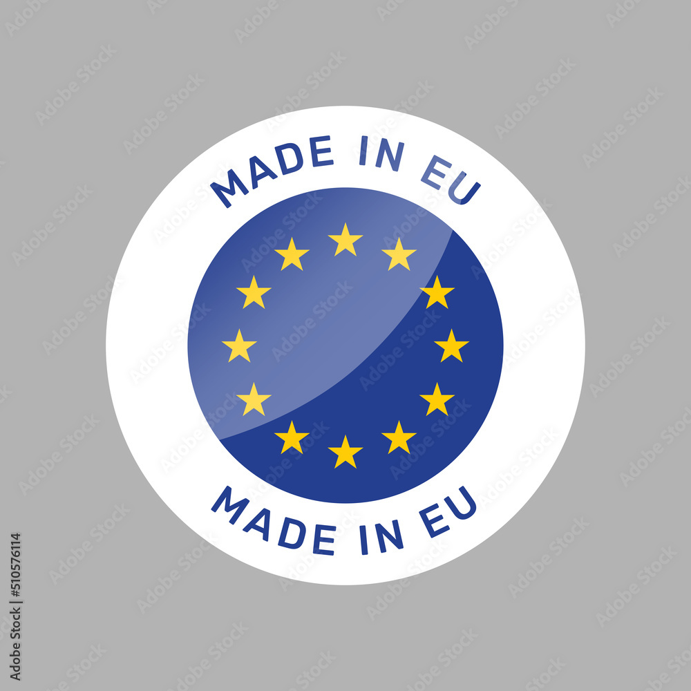 Made in EU colorful vector badge. Label sticker with European Union flag.
