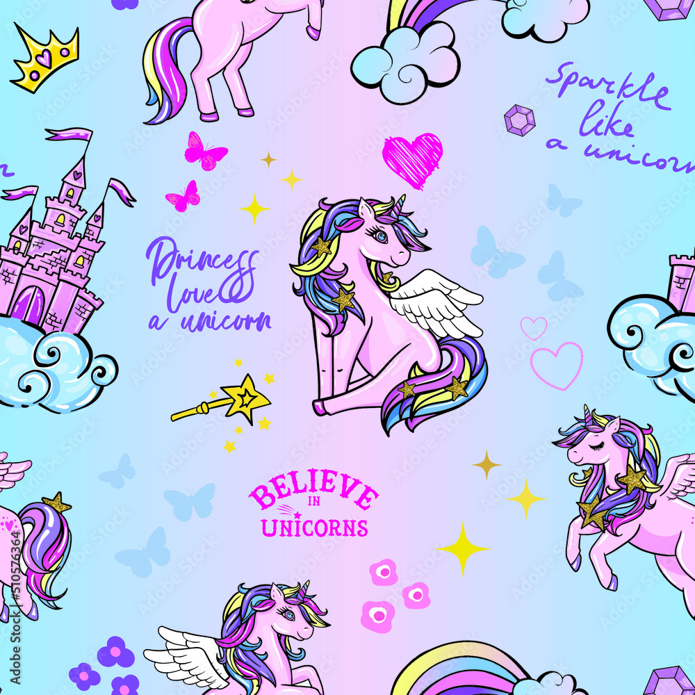 cute pattern with rainbow and unicorns. pattern for girls.Creative  background for textile, prints, paper products, the Web. 