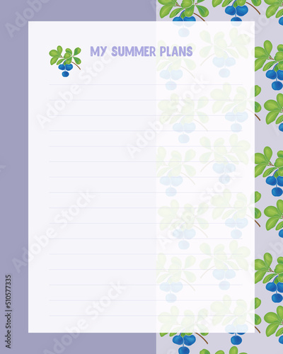 My summer plans To Do list Reminders witch Blueberry doodle pattern. Vector illustration