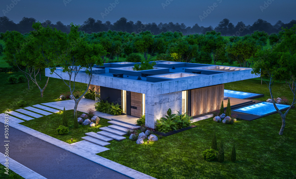 3d rendering of new concrete house in modern style with pool and parking for sale or rent and beautiful landscaping on background. Only one floor. Clear summer night with many stars on the sky. 3d rendering of new concrete house in modern style with pool and parking for sale or rent and beautiful landscaping on background. Only one floor. Clear summer night with many stars on the sky.