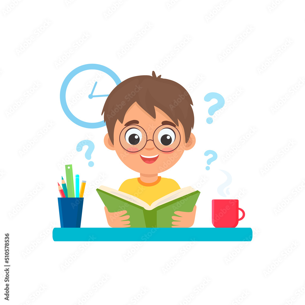 cute cartoon child reading a book.Boy learning lessons.Vector illustration