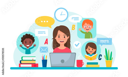  Study at home, online test, distance learning concept.Teacher teaches children online. 
Online learning.Flat style.Vector illustration. 