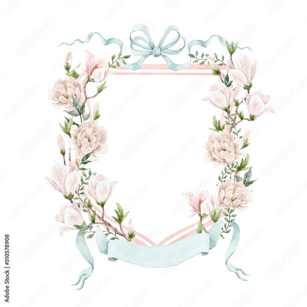 Fototapeta premium Beautiful floral frame with gentle watercolor hand drawn pink magnolia and blue hydrangea flowers. Wedding clip art stock illustration.