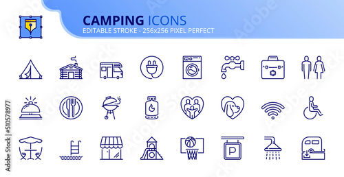Simple set of outline icons about camping services.