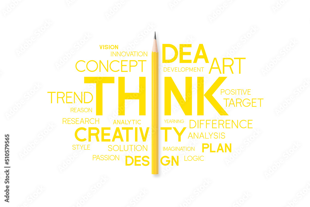Creative idea concept. Yellow pencil is combined with words related to workflow and creativity words cloud that easy to understand and easy to remember. Symbol of the creative process. illustration. Creative idea concept. Yellow pencil is combined with words related to workflow and creativity words cloud that easy to understand and easy to remember. Symbol of the creative process. illustration.