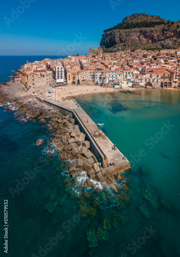 Beautiful view over a beach town of Cefalu, medieval village of Sicily island, Province of Palermo, Italy