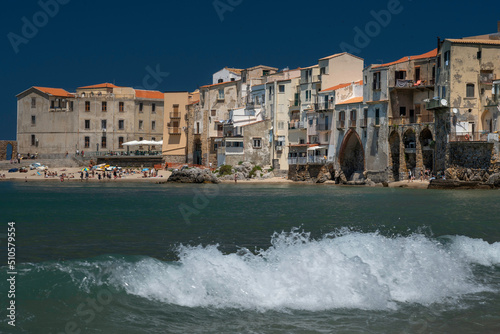 Beautiful view over a beach town of Cefalu, medieval village of Sicily island, Province of Palermo, Italy © Evgeni