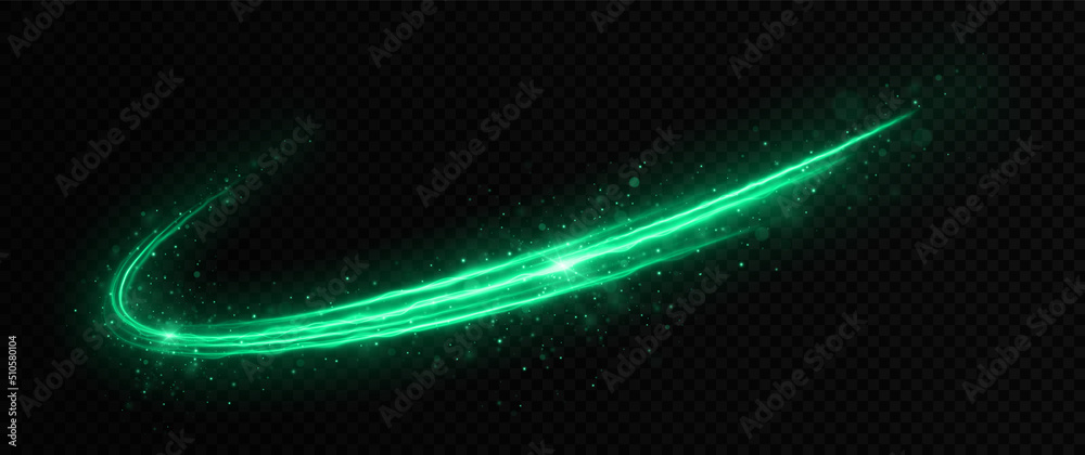 Glowing fire lines effect. Green, glittering magic particles isolated on transparent background. Sparkling wavy light effect.