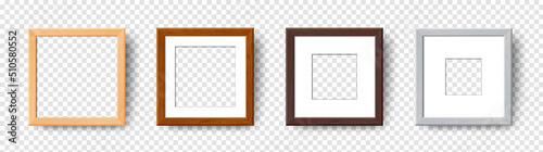 Empty Wooden Wall Frames set. Vector Realistic wood picture frame mockup template with shadow on transparent background. Mockup for poster, banner, photo gallery, painting, presentation.