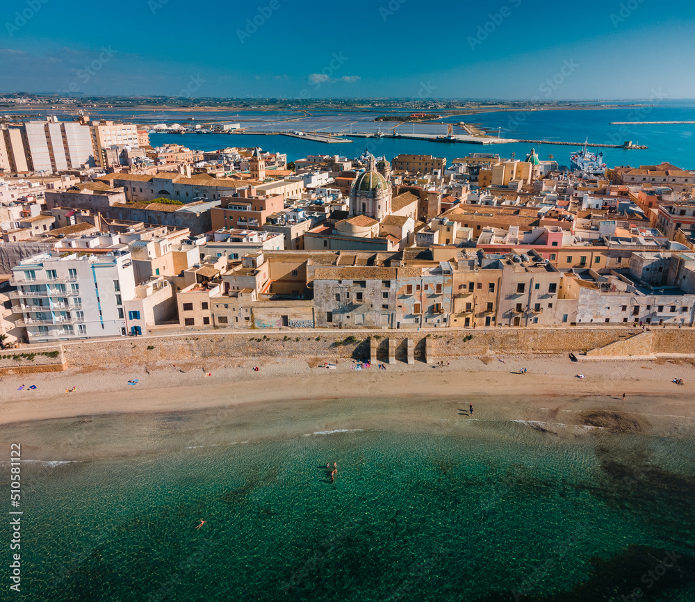 Aerial view of Trapani, a port city in Sicily, Italy