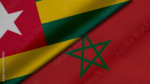 3D Rendering of two flags from Togolese Republic and Kingdom of Morocco together with fabric texture, bilateral relations, peace and conflict between countries, great for background