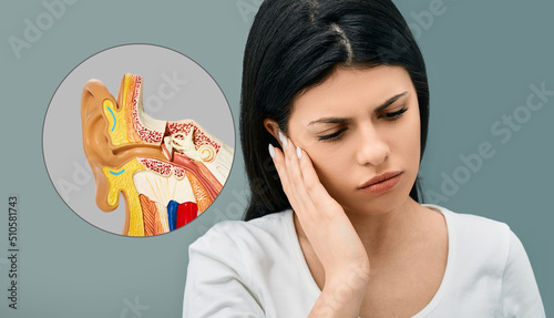 Adult woman holds hand near her ear with pain. Ear pain, earache illustration with anatomical model photo