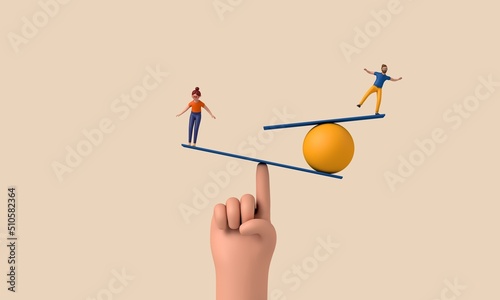 Tableau sur toile Character balancing on an unstable seesaw. 3D Rendering