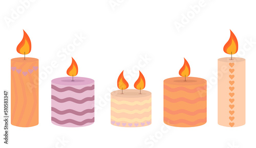 Burning cute wax and paraffin scented candles. Candles decor for home and comfort, holiday