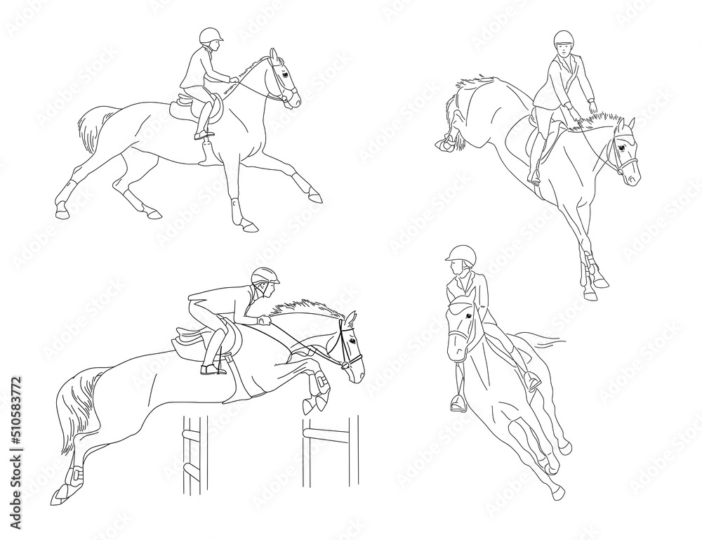 Fototapeta premium Collection of line images for coloring book on the theme of equestrian sports