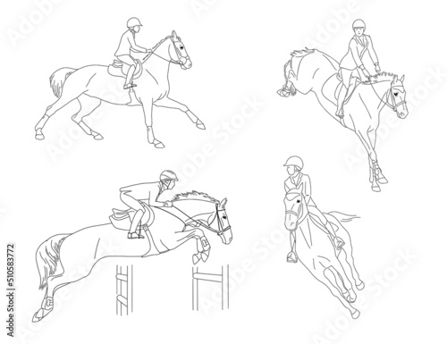 Collection of line images for coloring book on the theme of equestrian sports