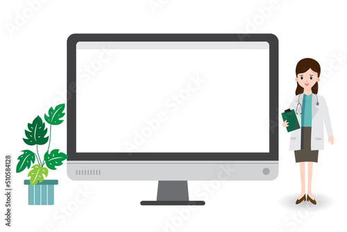 Woman doctor in gown uniform with chart on hand is presentation beside white board background ,Medical healthcare and lecture concept.Vector.Illustration.