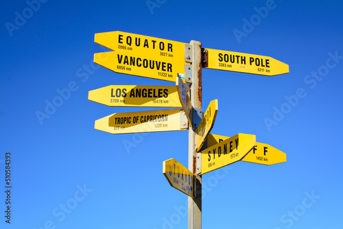 Famous yellow direction signpost at Cape Reinga, the northernmost point of New Zealand. Concept of a crossroads point and decisions to make