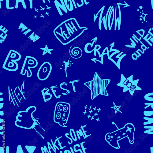 hand drawn pattern for boys. Slogans, graffiti background. For children's textiles, wrapping paper, prints
