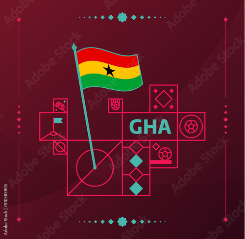 ghana world football tournament 2022 vector wavy flag pinned to a soccer field with design elements. World Cup Qatar football 2022 tournament final stage. Non Official championship colors and style.