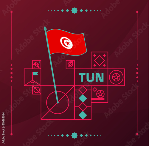 tunisia world football tournament 2022 vector wavy flag pinned to a soccer field with design elements. World Cup Qatar football 2022 tournament final stage. Non Official championship colors and style.