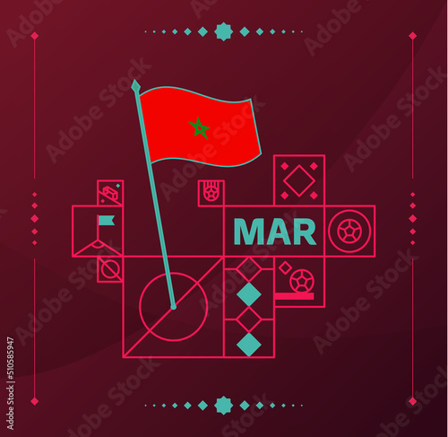 morocco world football tournament 2022 vector wavy flag pinned to a soccer field with design elements. World Cup Qatar football 2022 tournament final stage. Non Official championship colors and style.