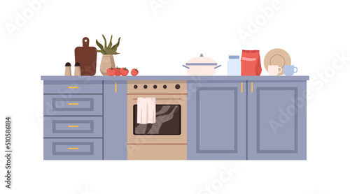Interior design of kitchen, furniture and accessories. Counters and stove for cooking and preparing food. Contemporary appliances and models of cabinets. Vector in flat style illustration