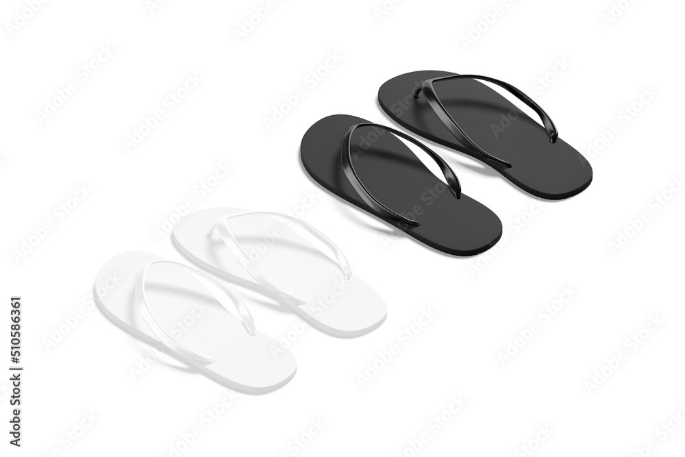 Blank black and white beach slippers mockup, side view Blank black and white beach slippers mockup, side view