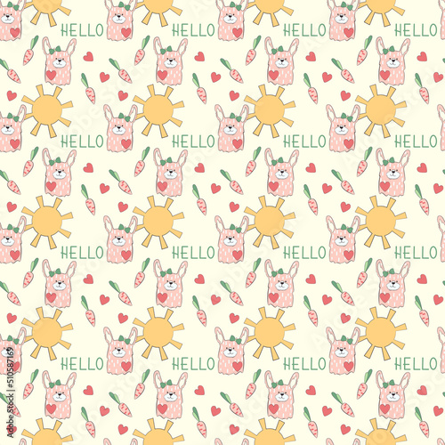 Seamless pattern with cartoon rabbits for kids. Abstract background with cute animals and sun.