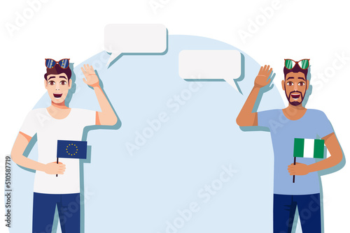 Men with European and Nigerian flags. Background for text. Communication between native speakers of the European Union and Nigeria. Vector illustration.