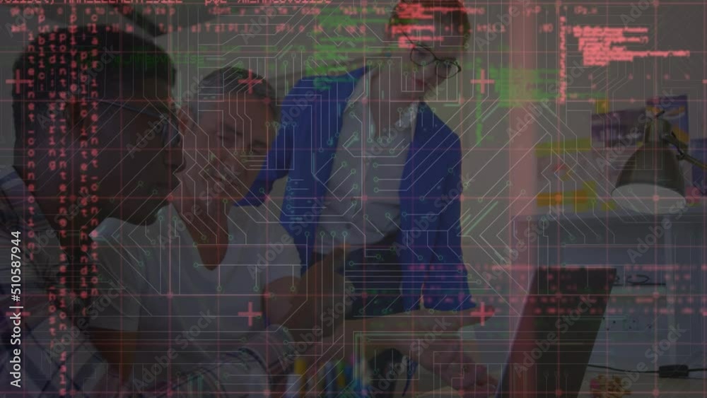 Animation of data processing over diverse business people using laptop Animation of data processing over diverse business people using laptop
