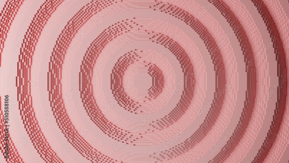 3d rendering of delicate pink concentric circles, waves of pixel cubes. Abstract 3d background illustration. 3d rendering of delicate pink concentric circles, waves of pixel cubes. Abstract 3d background illustration.