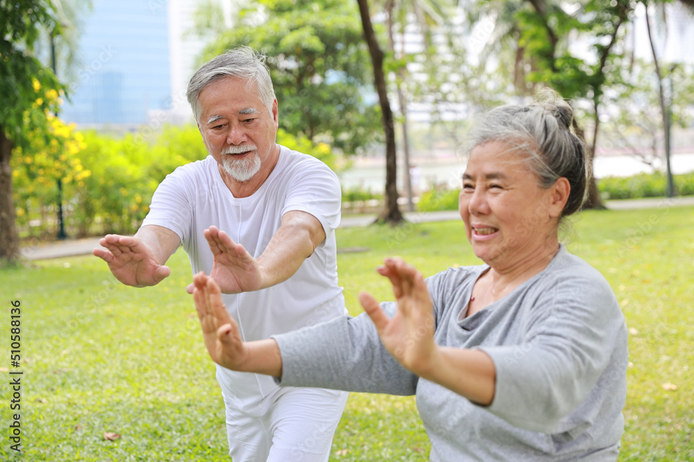 Asian senior couple practice yoga excercise, tai chi tranining, stretching and meditation together with relaxation for healthy in park outdoor after retirement. Happy elderly outdoor lifestyle concept Asian senior couple practice yoga excercise, tai chi tranining, stretching and meditation together with relaxation for healthy in park outdoor after retirement. Happy elderly outdoor lifestyle concept