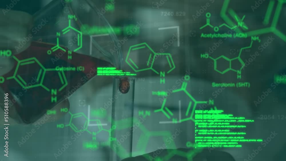 Animation of data processing and chemical formula over scientist in lab Animation of data processing and chemical formula over scientist in lab