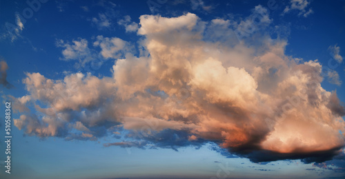 panorama vivid, evening sky. Panorama of a twilight purple-pink orange cloud ...