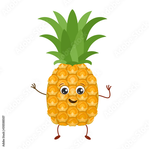 Cute pineapple characters. Funny food vector illustration. Happy fruit. Flat vector illustration.