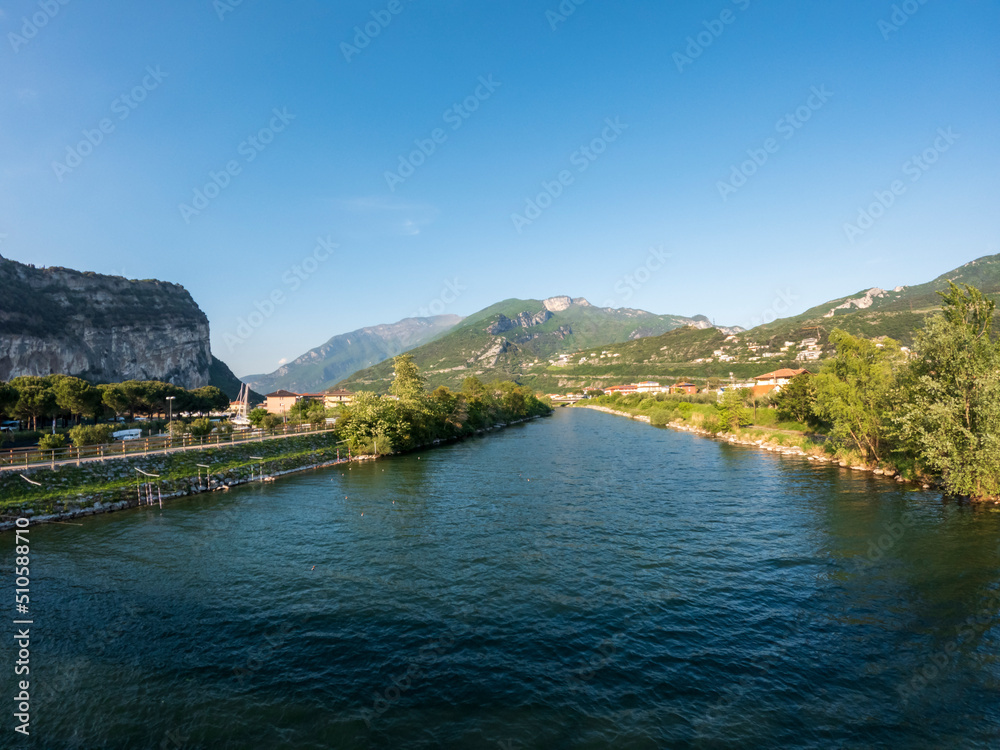 Panoramic view of the Riva del Garda lakefront, waterfront of the Garda lake in Trento, Trentino region, Italy