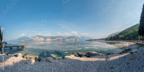Panoramic view of the Riva del Garda lakefront, waterfront of the Garda lake in Trento, Trentino region, Italy