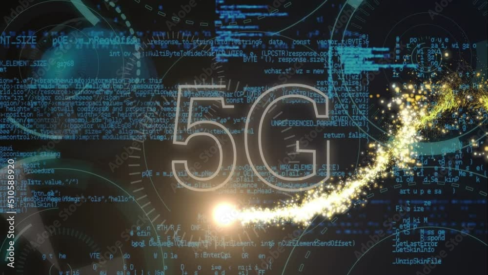 Animation of light spots over 5g and data processing on black background Animation of light spots over 5g and data processing on black background