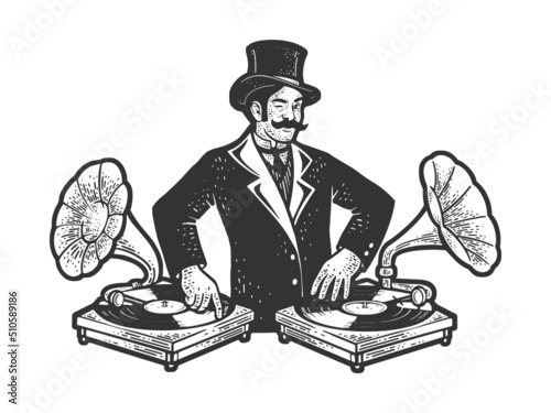 Old fashioned DJ disc jockey at mixer console with vintage gramophones phonograph sketch engraving raster illustration. T-shirt apparel print design. Black and white hand drawn image. photo