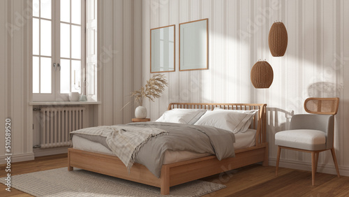 Scandinavian wooden bedroom in white and beige tones, frame mockup, double bed with pillows, duvet and blanket, striped wallpaper, carpet, parquet and window. Modern interior design © ArchiVIZ