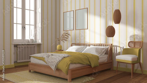 Scandinavian wooden bedroom in white and yellow tones, frame mockup, double bed with pillows, duvet and blanket, striped wallpaper, carpet, parquet and window. Modern interior design