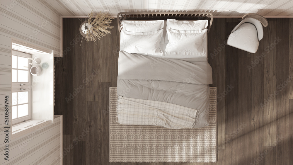 Scandinavian wooden bedroom in white and dark tones, double bed with ...