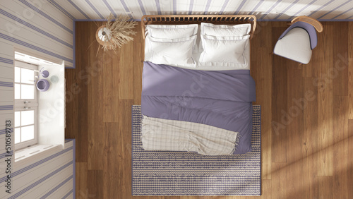 Scandinavian wooden bedroom in white and purple tones, double bed with pillows, duvet and blanket, striped wallpaper, window and parquet. Top view, plan, above. Modern interior design