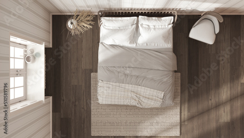 Fotografija Scandinavian wooden bedroom in white and dark tones, double bed with pillows, duvet and blanket, striped wallpaper, window and parquet